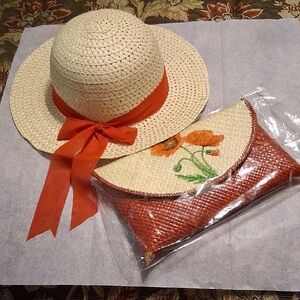 Straw Hat and Clutch Set with Red Accents